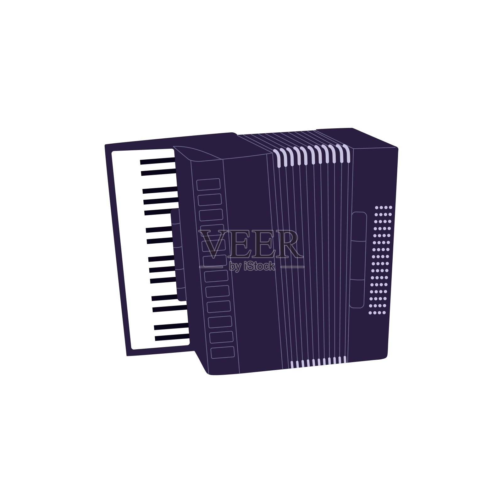 古典钢琴手风琴。盒子形状的乐器，有挤压的风箱来演奏声音。带键盘的音乐设备。白云,口琴。平面隔离矢量插图上的白色背景插画图片素材