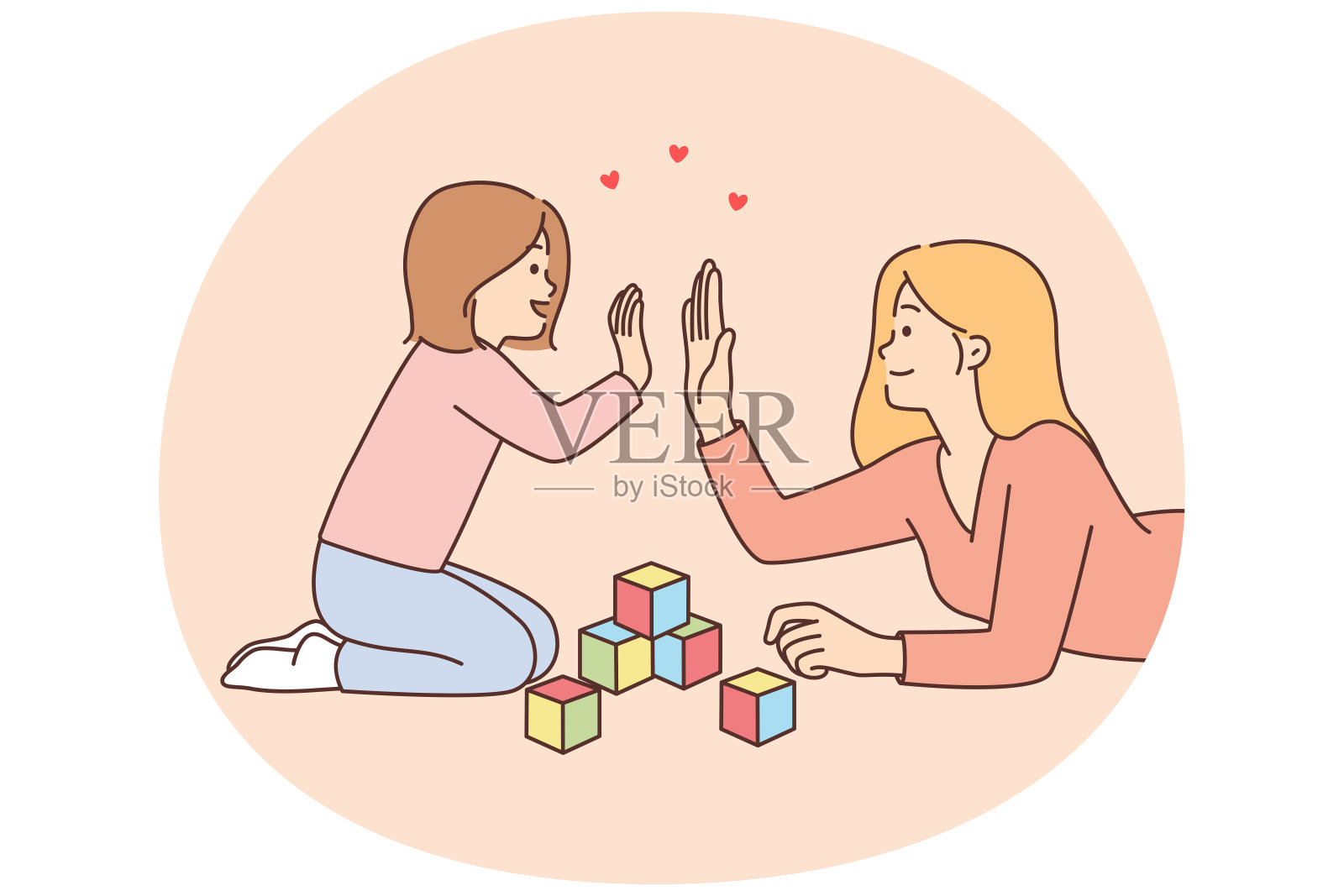 母亲和学前班的女儿击掌庆祝儿童积木塔的建成插画图片素材