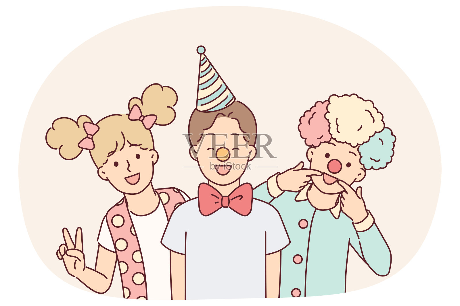 有趣的孩子们在化装舞会上庆祝愚人节或小学毕业插画图片素材