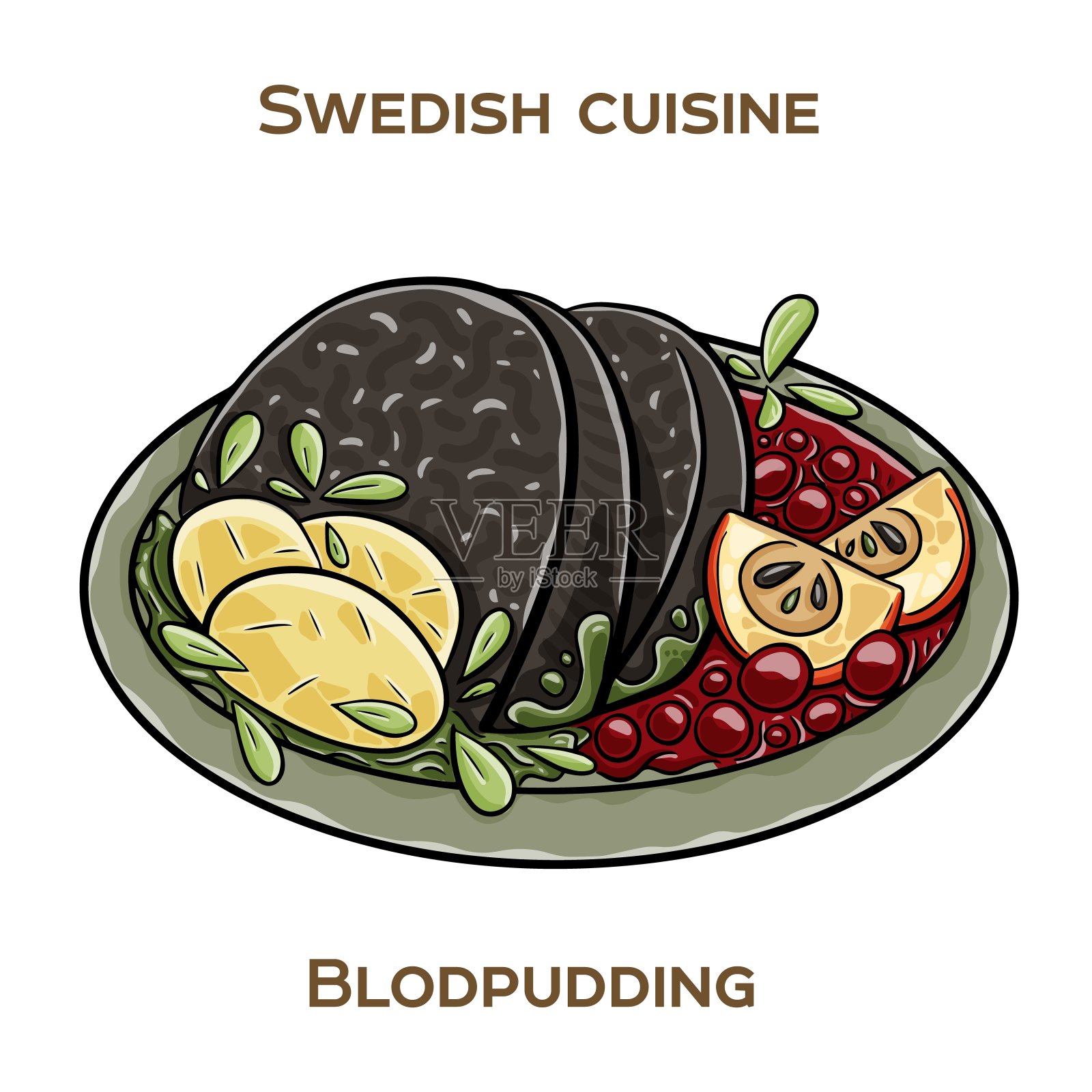 血布丁，也被称为黑布丁，是一种传统的瑞典菜，由猪肉血、猪肉脂肪、黑麦面粉和香料混合而成。手绘矢量图插画图片素材
