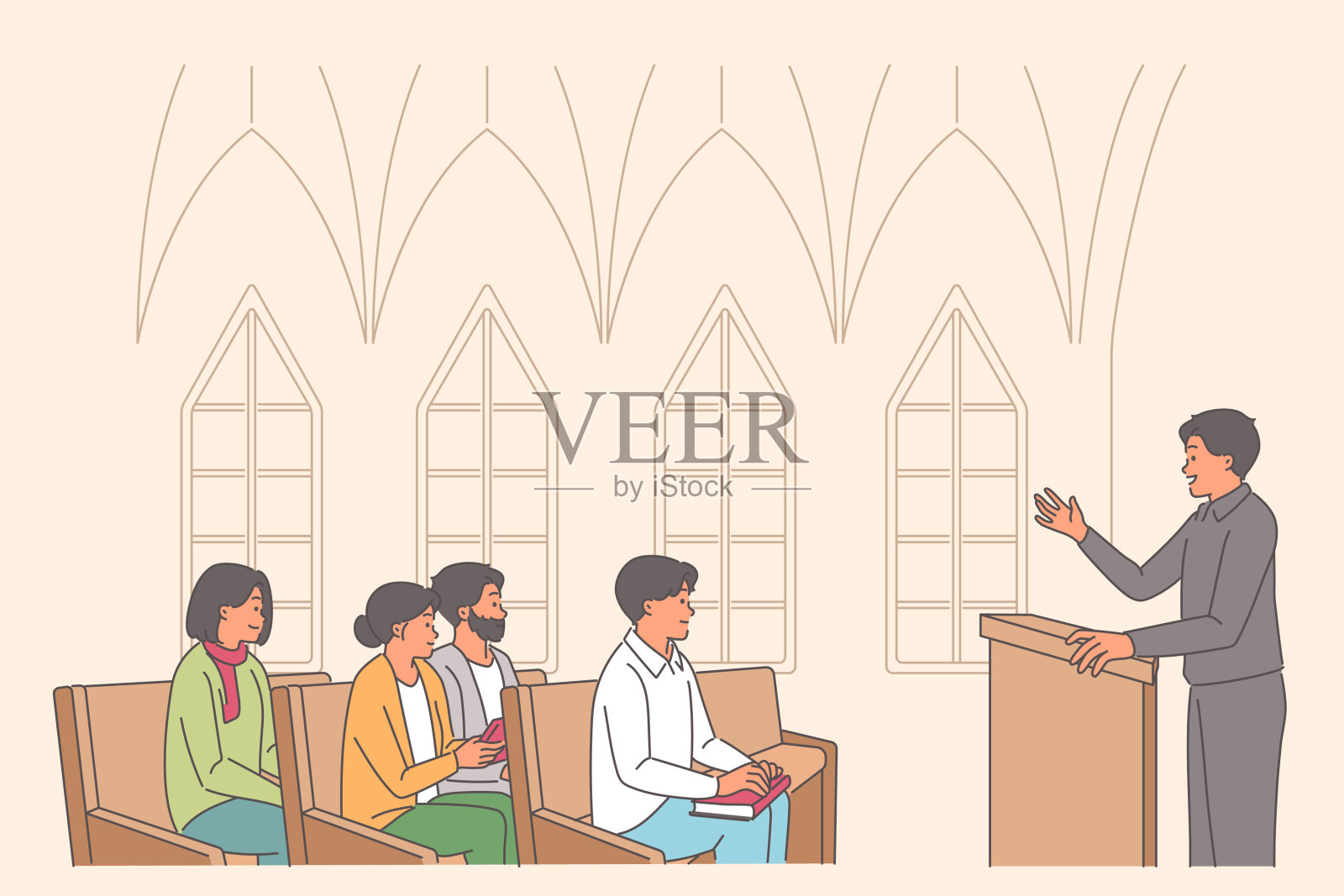 天主教堂，人们听牧师宣读告别和解释圣经插画图片素材