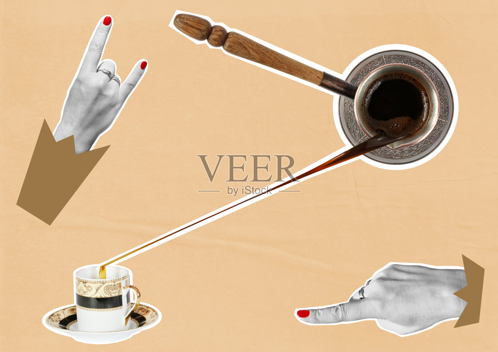 组合拼贴。咖啡休息时间用邀请的手势，和俏皮的喇叭。照片摄影图片