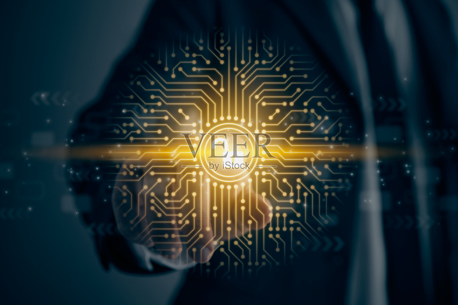 商人触摸屏和解锁安全技术概念图标在复古色调照片摄影图片