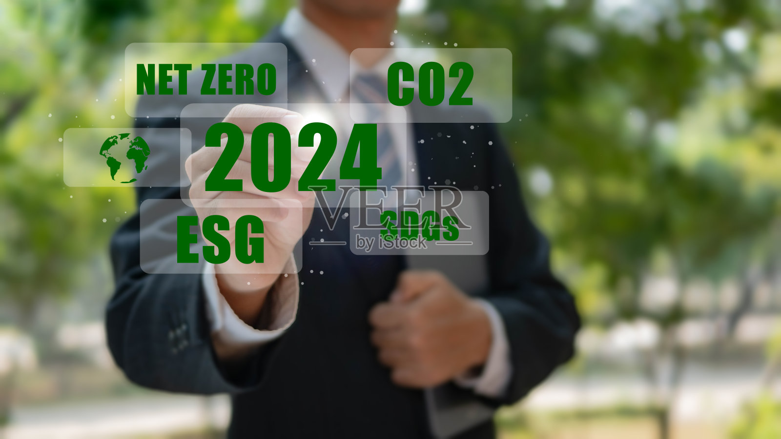 新目标，2024年。ESG、二氧化碳、可持续发展目标和净零概念。世界的环境。企业可持续发展。长期可持续性和社会影响照片摄影图片