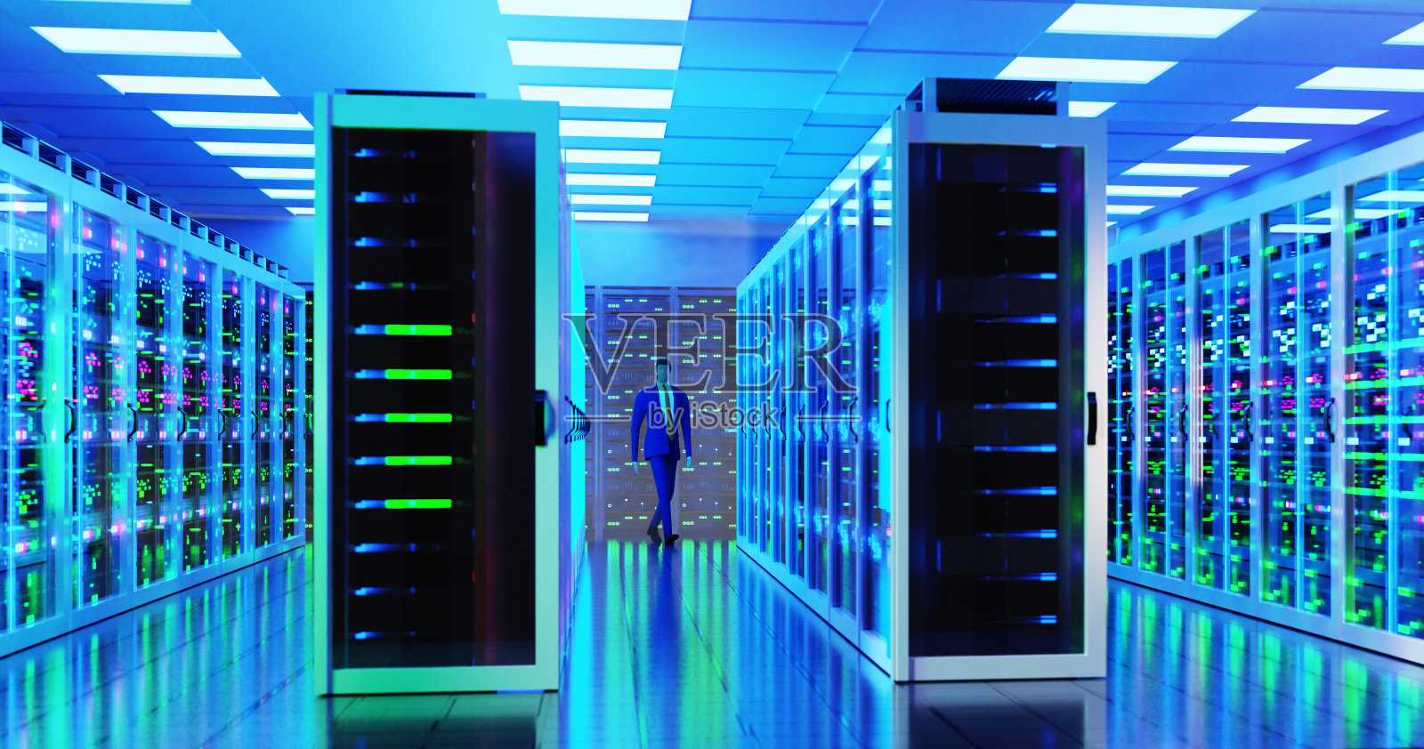 3D渲染图。商务人士走在霓虹灯下的现代化服务器机房里。科技、成功、互联网、数据保护和个人安全理念照片摄影图片