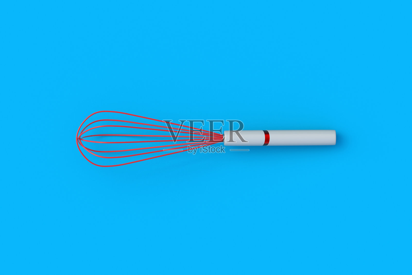 红色铁丝打蛋器，用于蓝色背景上的搅拌。厨房用具。打蛋器。搅拌机。前视图。三维渲染照片摄影图片