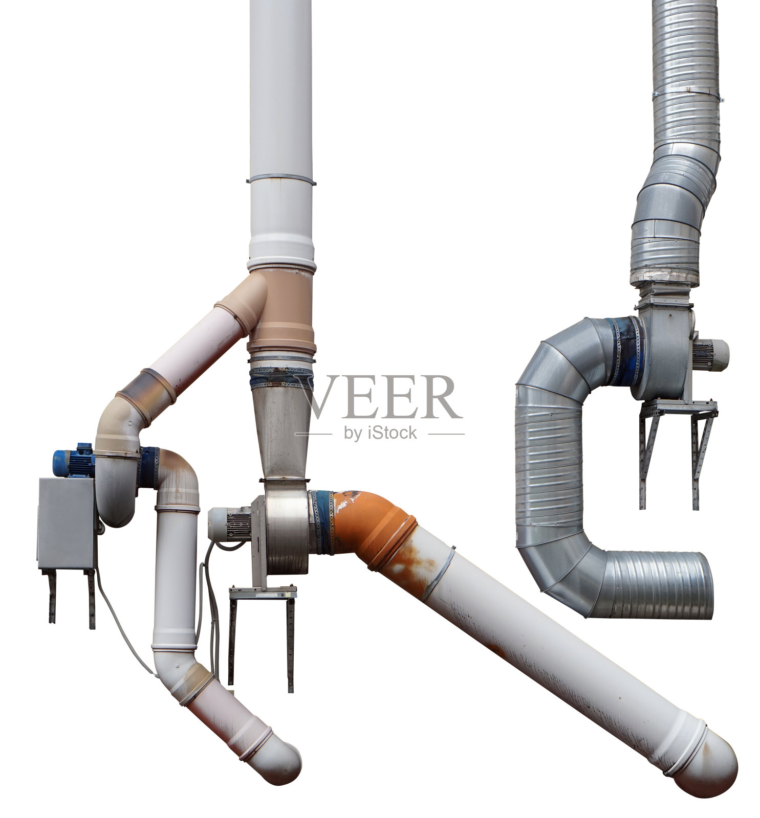 大楼的通风系统使用电动马达和塑料和锡制成的管道。孤立的照片摄影图片