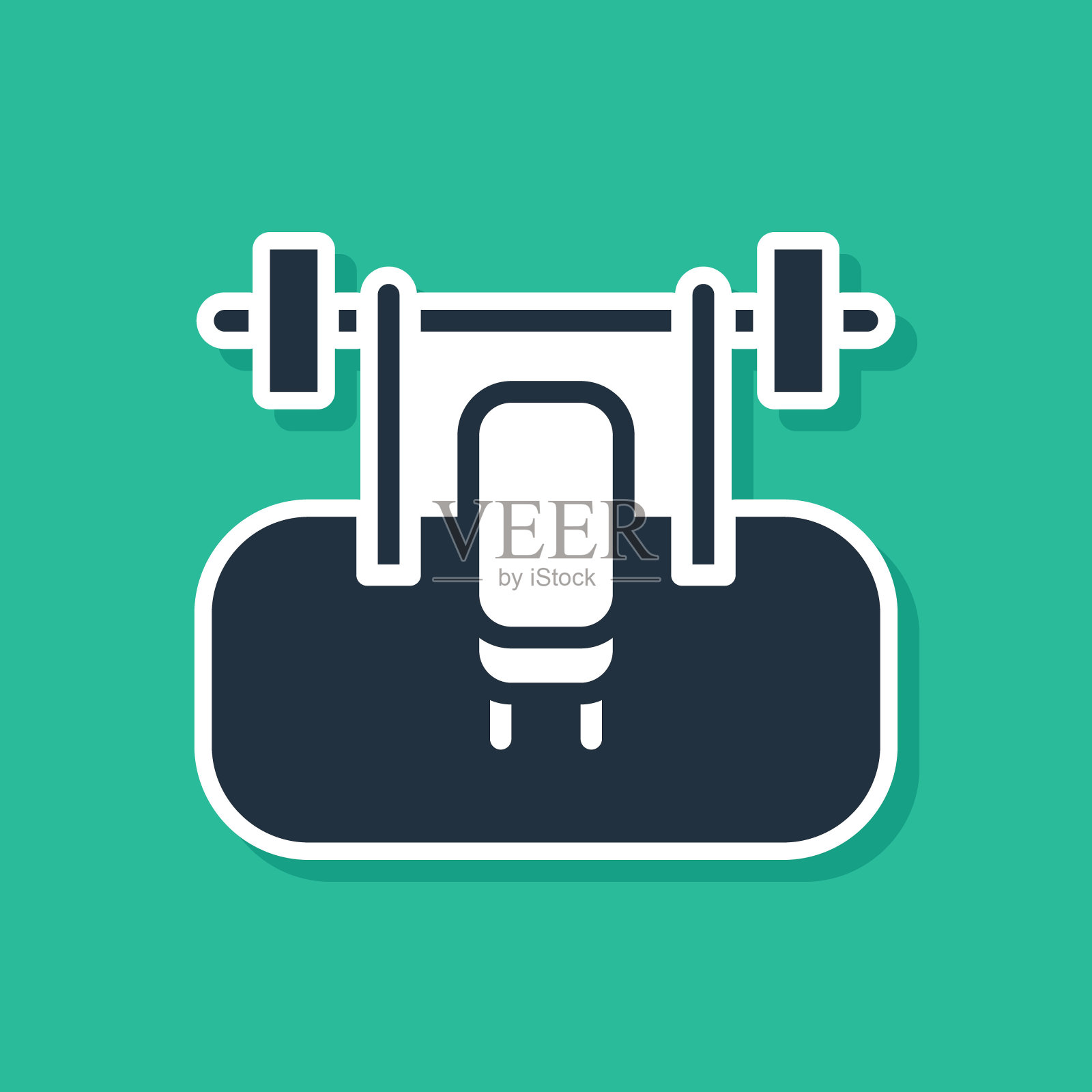 蓝色长凳与barbel图标隔离在绿色背景上。健身器材。健美、举重、健身理念。向量插画图片素材