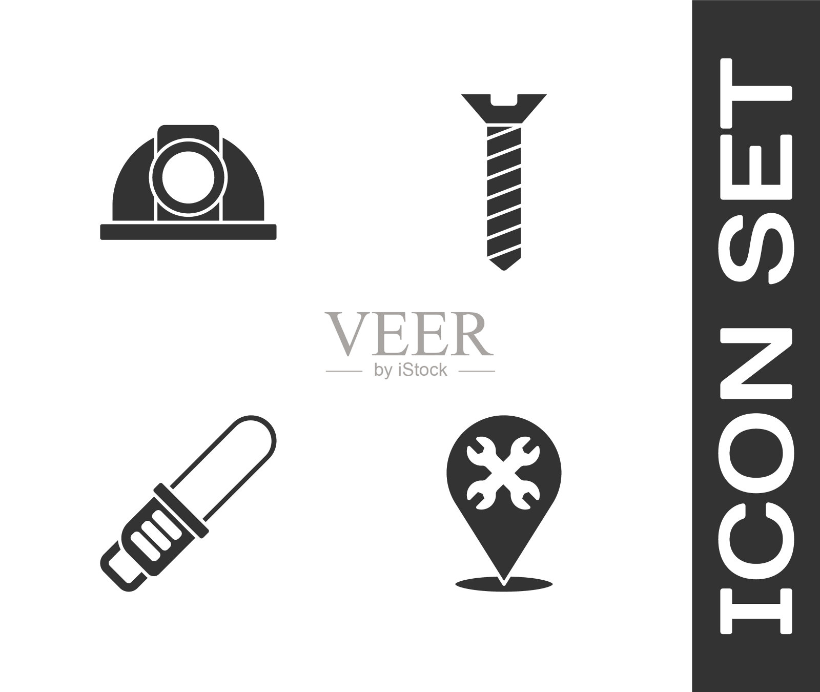 设置位置与扳手，工人安全帽，电锯和金属螺丝图标。向量插画图片素材