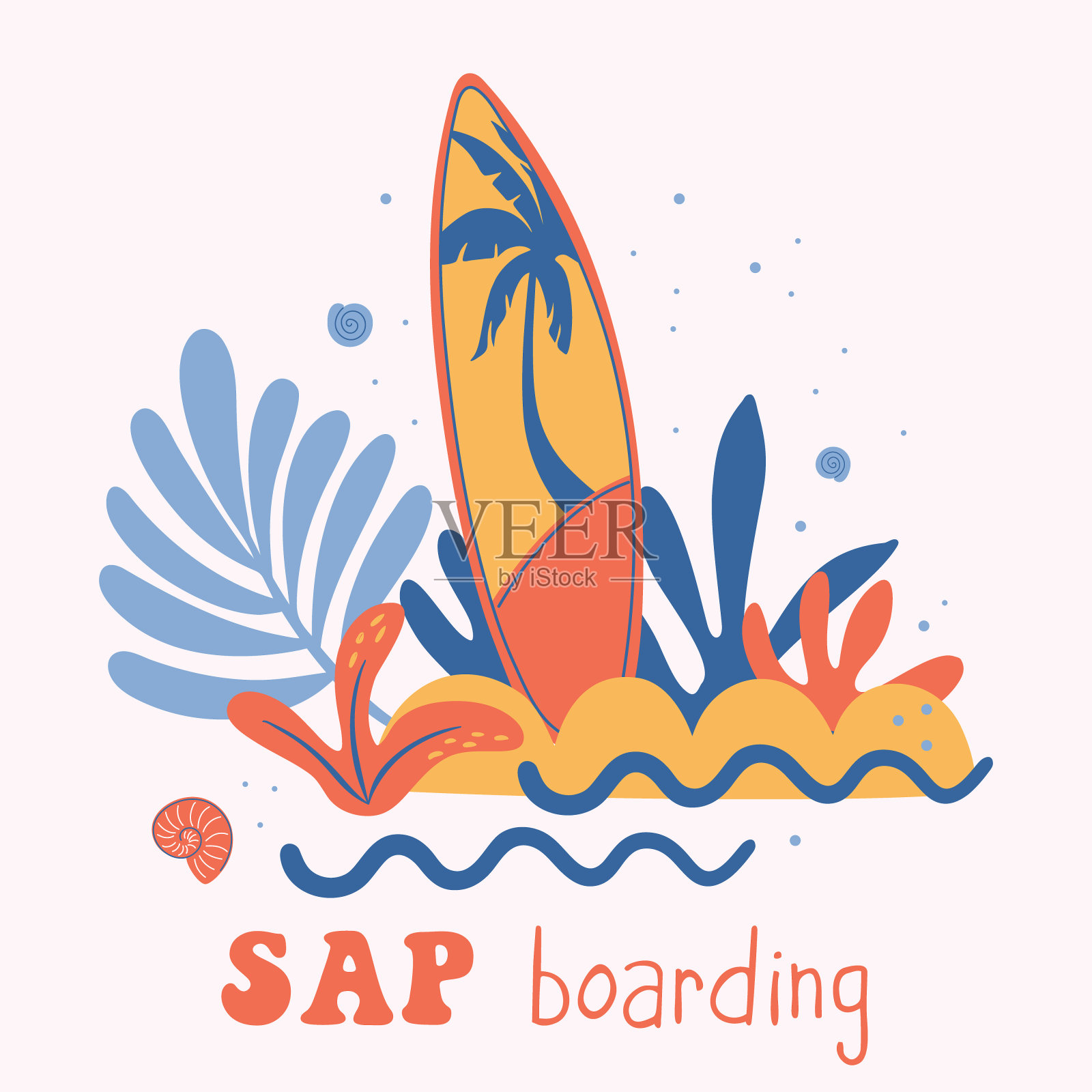 海滩上的老式冲浪板。Sup boarding文本。夏季旅游目的地和水上运动活动。彩色复古风格矢量插图品牌，印刷，社交媒体帖子。插画图片素材