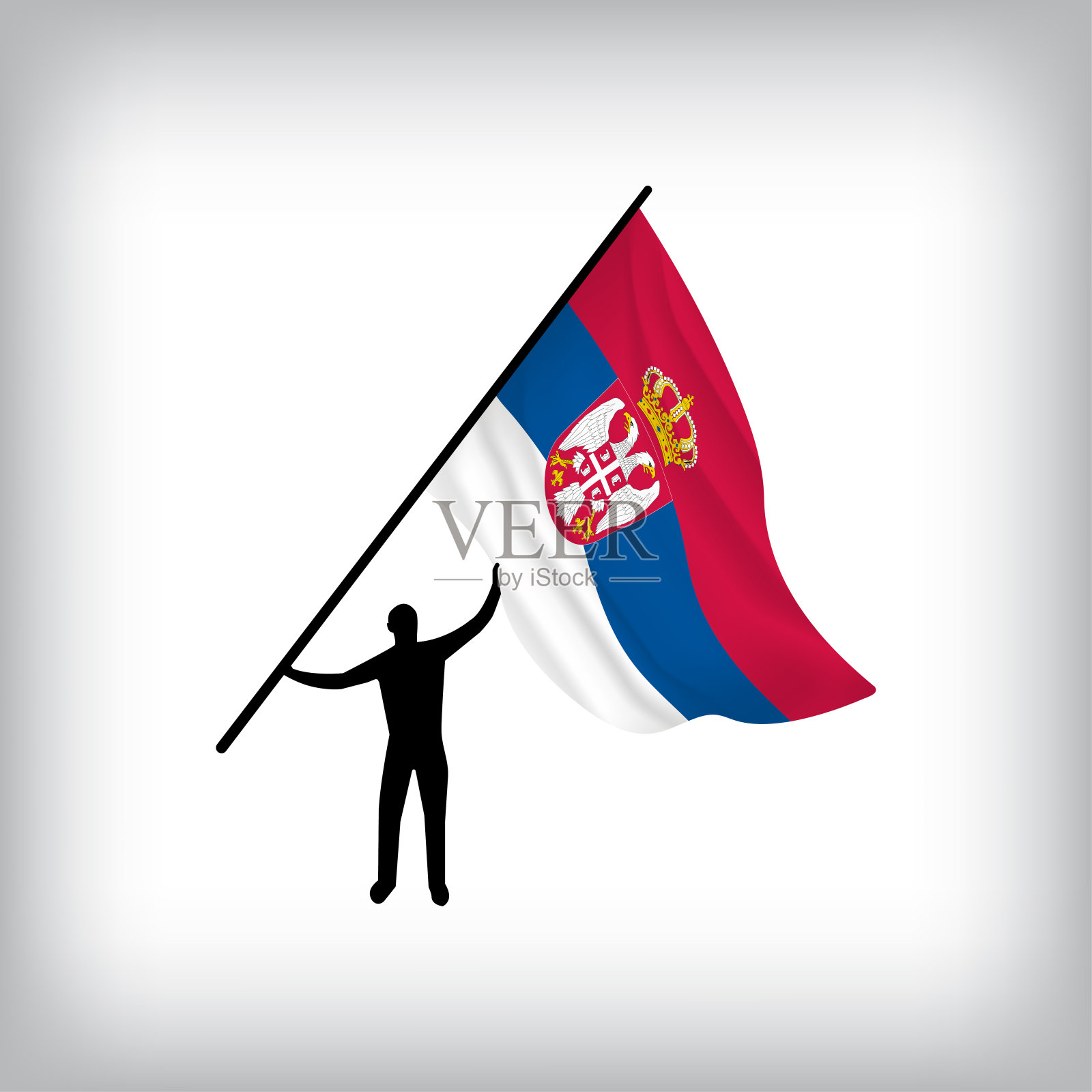 一名男子在空中举着塞尔维亚国旗。插画图片素材