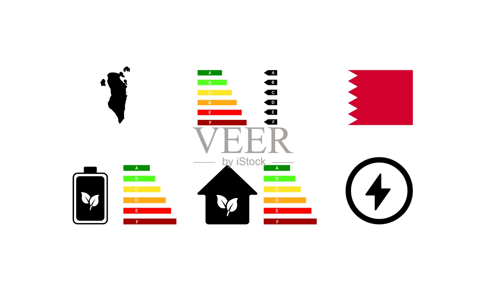 巴林的生活指标。轮廓图，绿色能源，房屋信评级。巴林国旗。平面矢量图标插画图片素材