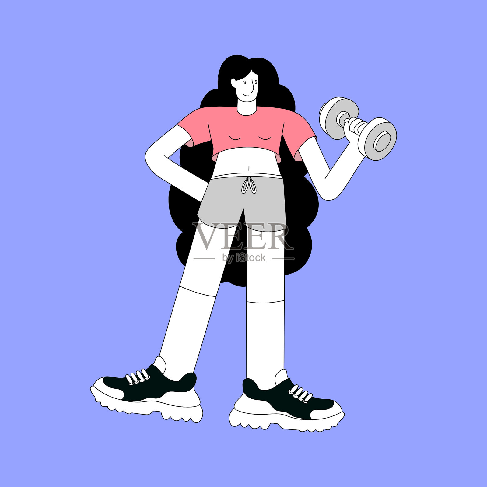 女子站立和锻炼哑铃平面设计插画图片素材