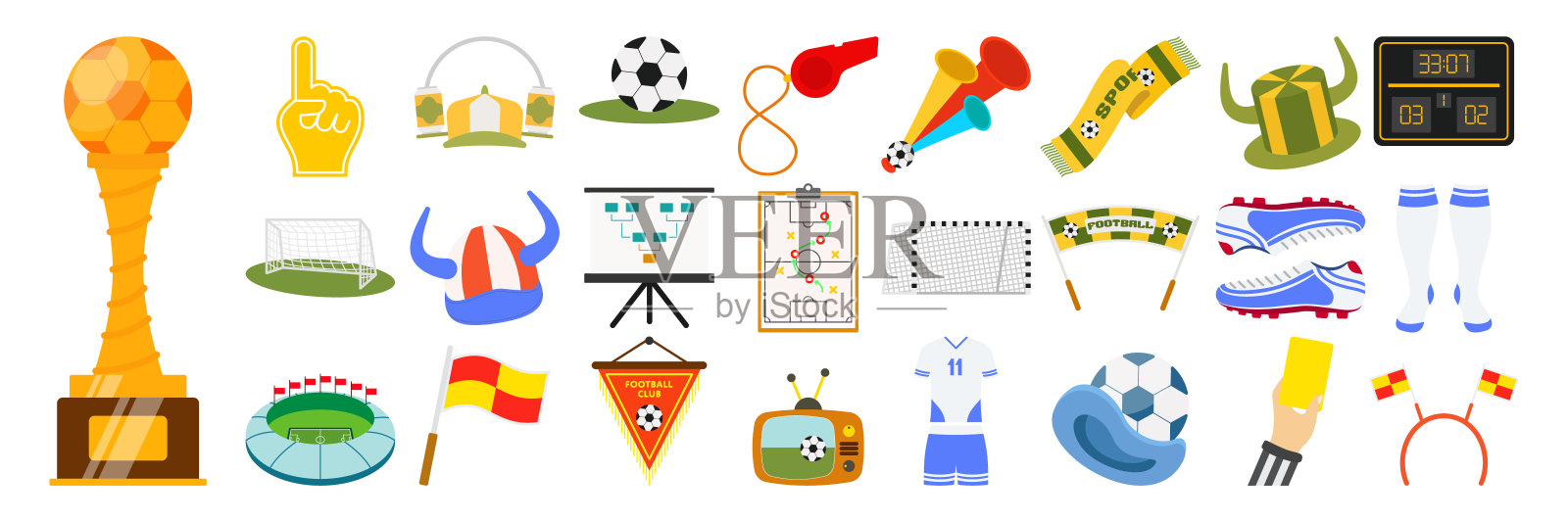 足球游戏体育冠军球迷套装。足球场，球队t恤，围巾，哨子，球，球门，锦标赛杯，泡沫手，小号，帽子。竞赛匹配属性平面矢量插图插画图片素材