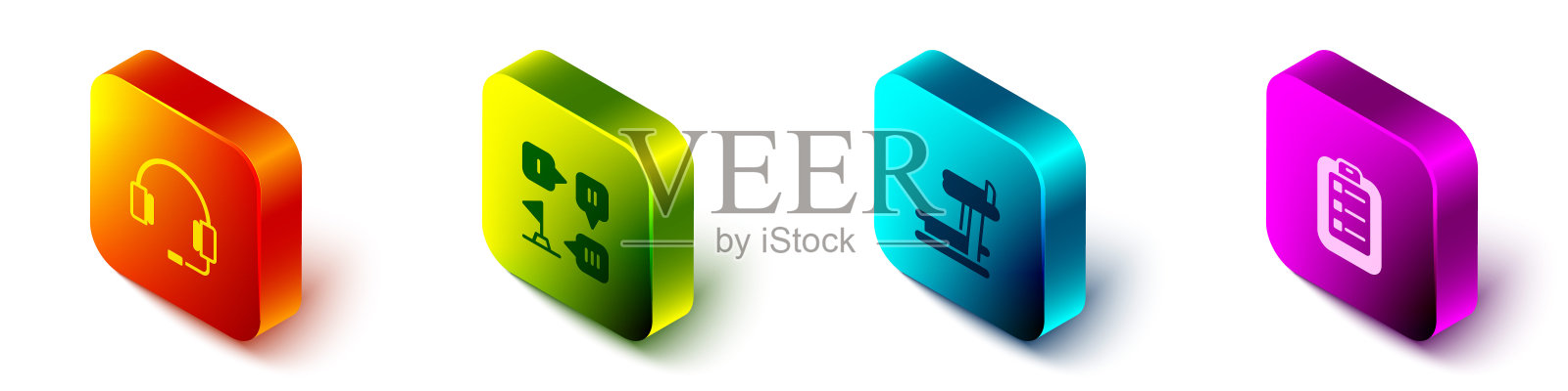 设置等距耳机，规划策略，跑步机和待办事项列表或规划图标。向量插画图片素材