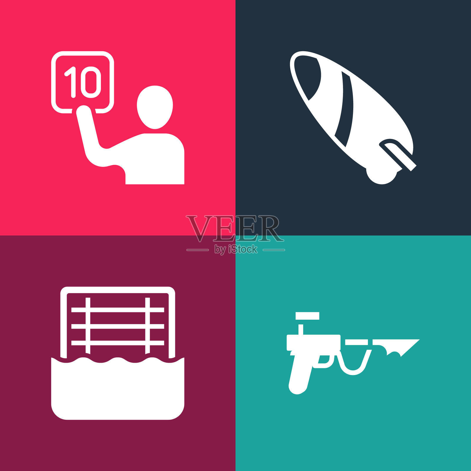 集波普艺术钓鱼鱼叉，水球，冲浪板和评审图标。向量插画图片素材