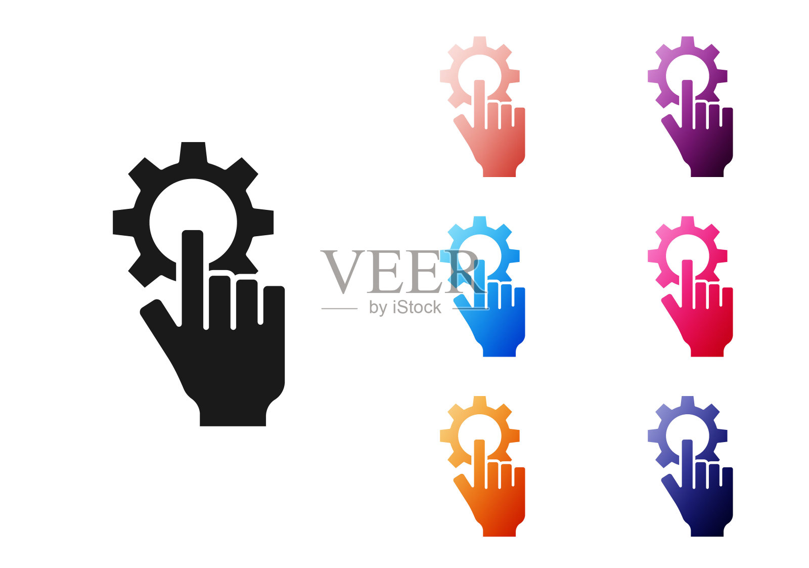 黑色设置的手图标隔离在白色背景。设置图标彩色。向量插画图片素材