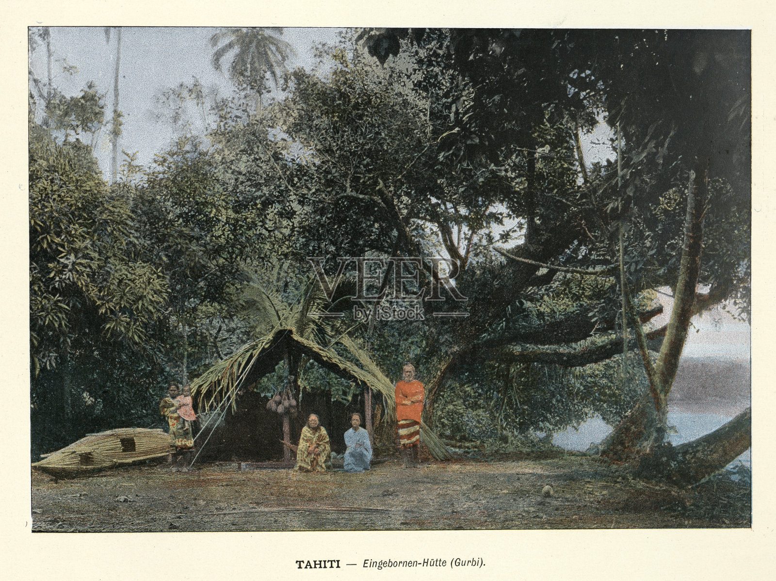 复古图片，人们在当地的草屋外，Gurbi，塔希提岛，历史19世纪90年代，19世纪，照片插画图片素材