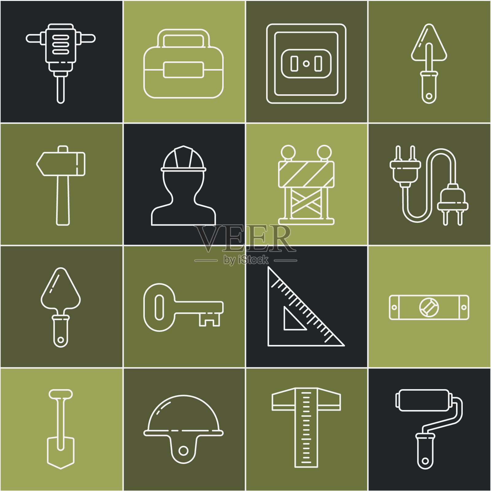 设置线油漆辊刷，施工气泡水平仪，电源插头，电源插座，工人安全帽，锤子，旋转锤钻和道路障碍图标。向量插画图片素材