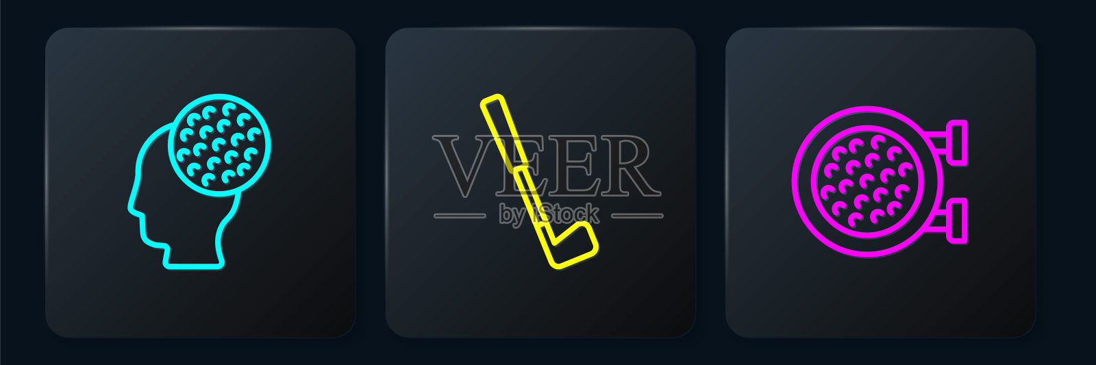 高尔夫球，运动球杆和。黑色方形按钮。向量插画图片素材