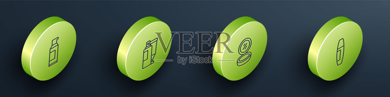 设定等距线喷雾罐为发胶，面霜乳液化妆管，化妆粉与镜子和睫毛刷图标。向量插画图片素材