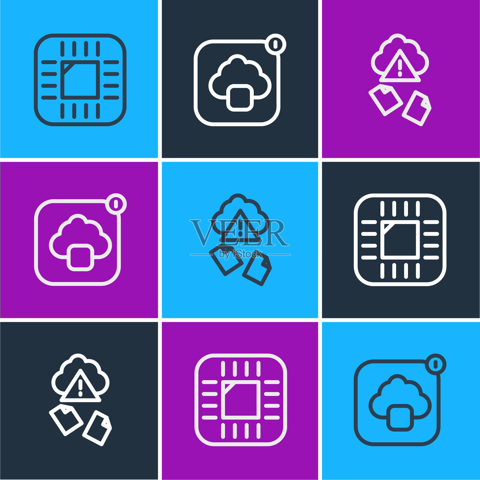 设置线处理器与CPU，云黑客和技术数据传输图标。向量插画图片素材