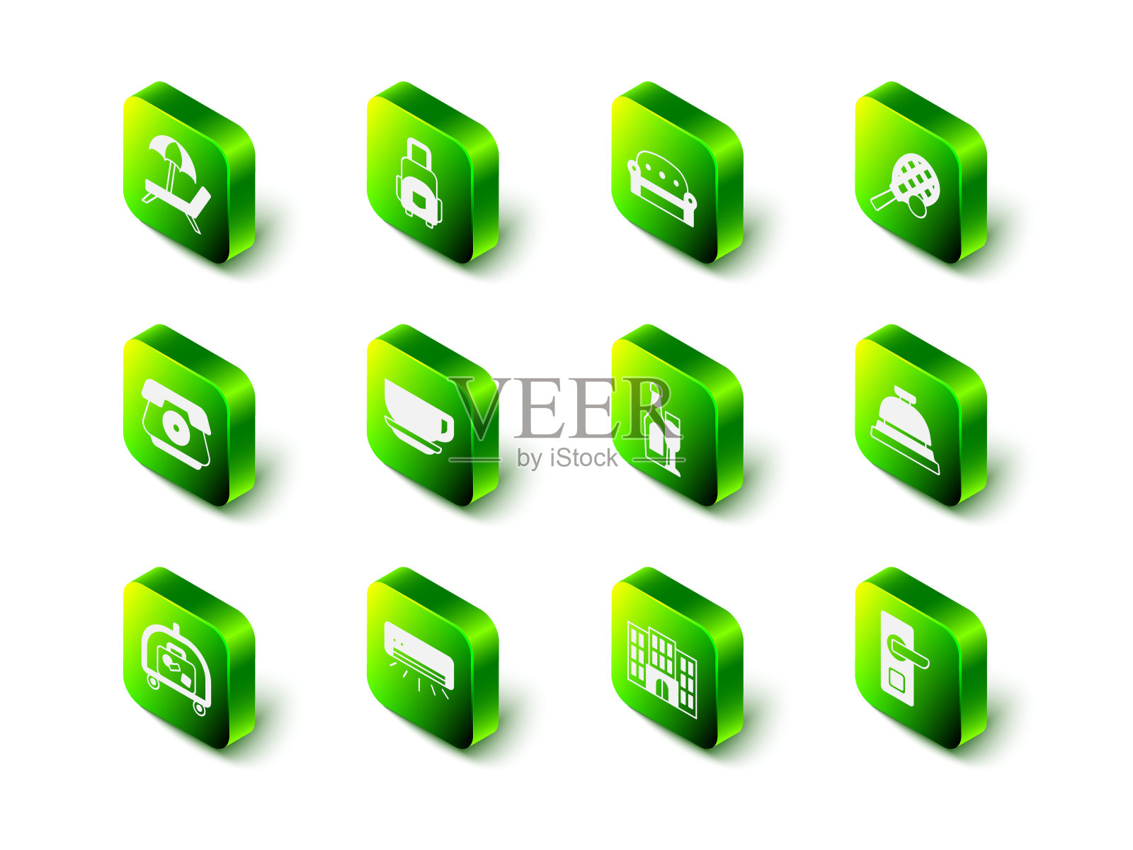 套装行李箱，沙发，带球网球拍，酒店服务铃，数字门锁，香槟酒瓶玻璃，建筑和空调图标。向量插画图片素材