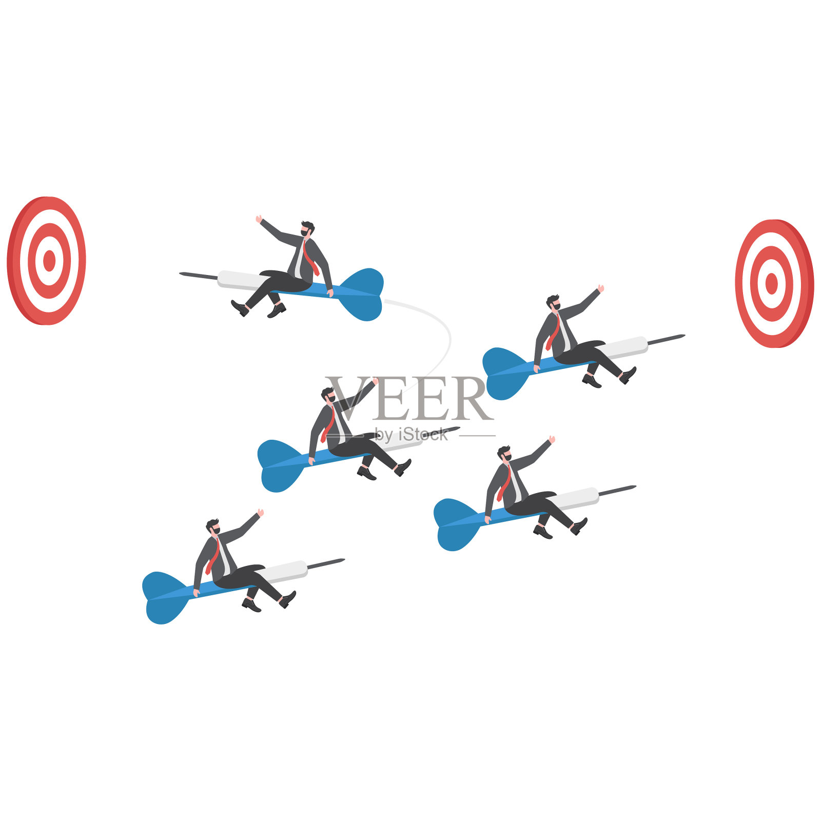 改变职业道路或不同方向随商人骑飞镖改变其飞行方向朝着企业目标，改变企业战略，领导选择成功之路插画图片素材