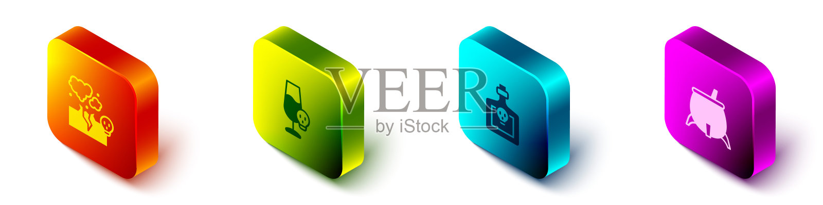 设定等距毒气或烟雾，有毒的酒精，瓶子与药水和女巫大锅图标。向量插画图片素材