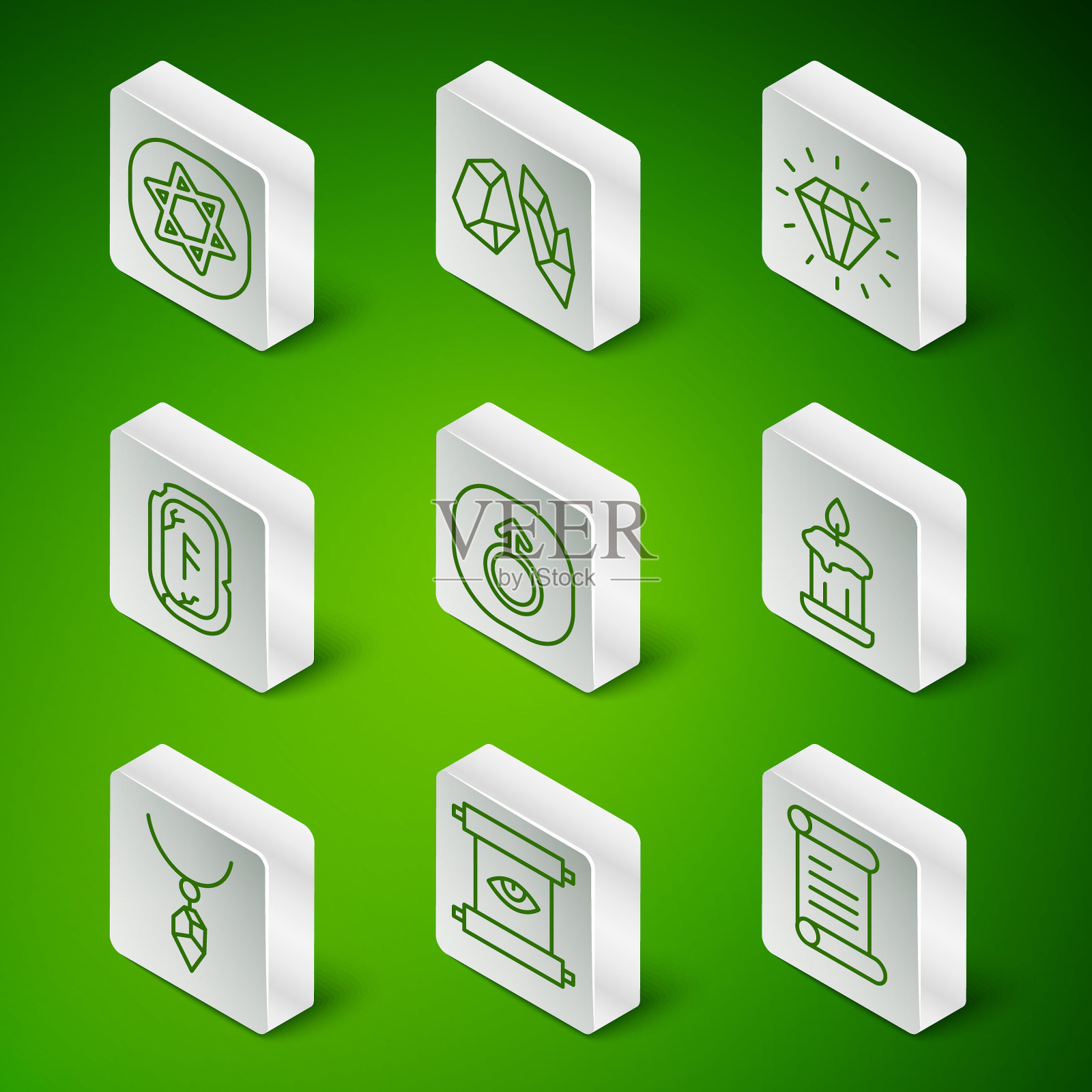 集线法令，羊皮纸，卷轴，古代魔法，塔罗牌，火星，魔法符文，石头，项链与水晶和燃烧的蜡烛图标。向量插画图片素材