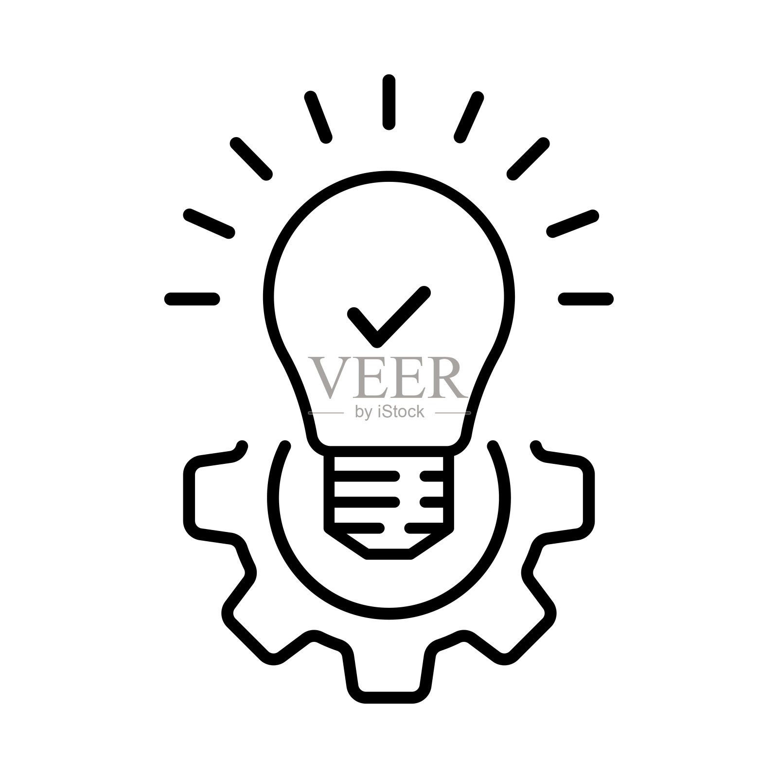 黑色灯泡和齿轮像有效的解决方案图标。概念抽象技术做功效符号。平面线性趋势现代简约笔画齿轮式标志设计网页元素孤立在白色插画图片素材