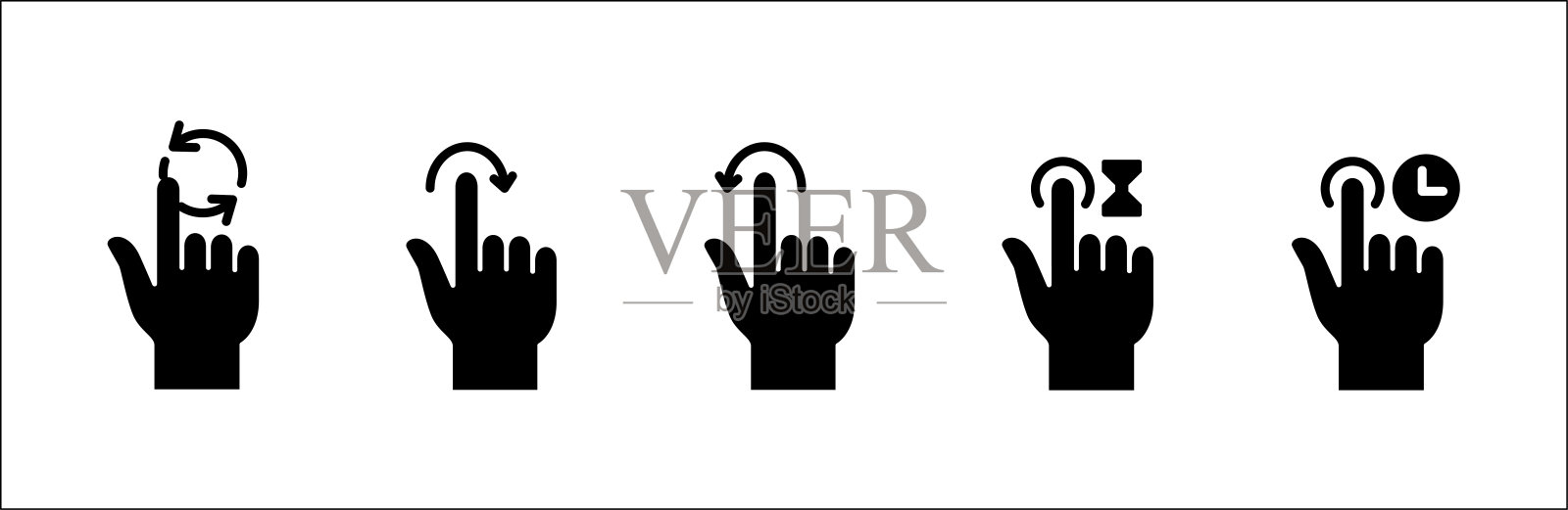 手指触摸屏幕手势图标集。点击并旋转触摸图标。按住触摸屏符号。矢量股票图标隔离在白色。图形设计按钮模板和插图。插画图片素材