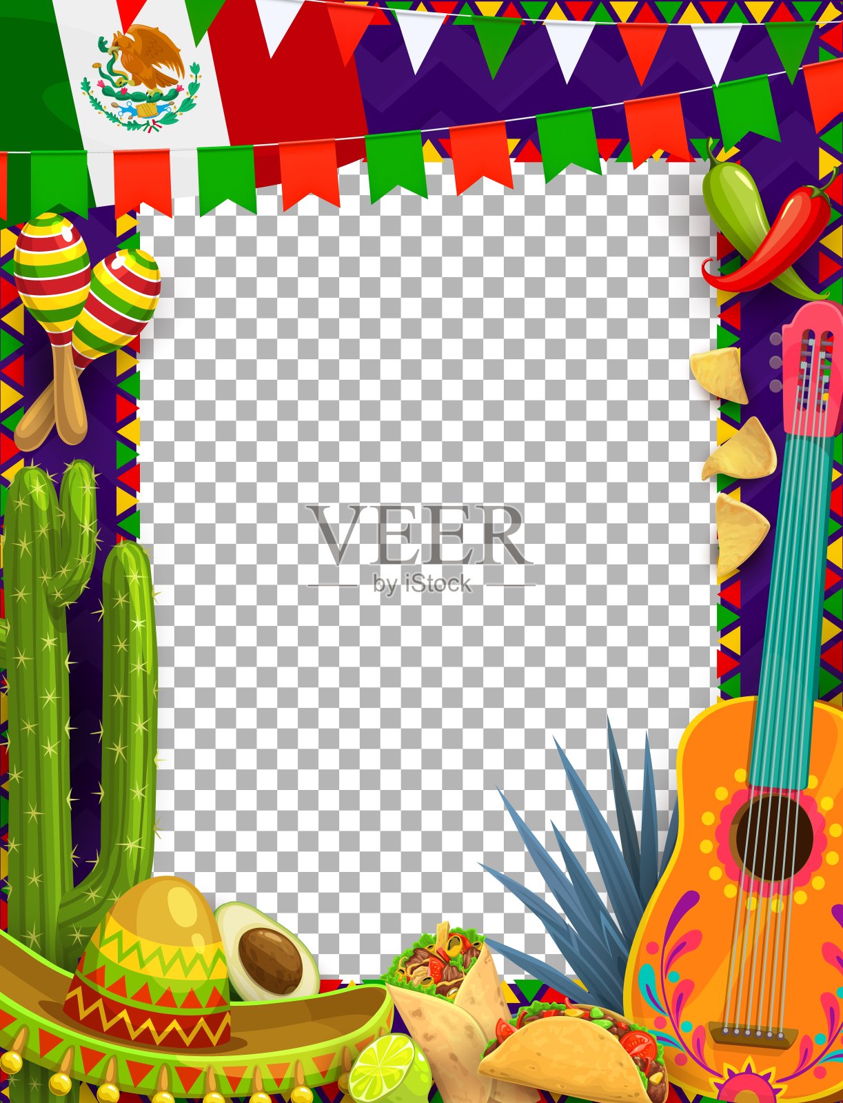 墨西哥节日框架，宽边帽和墨西哥国旗插画图片素材