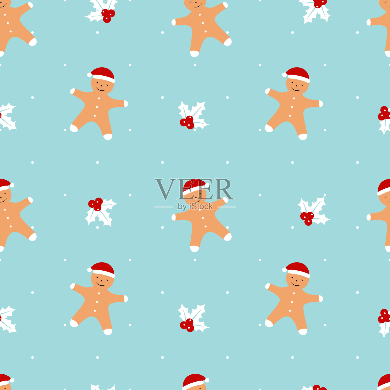 图案与姜饼人饼干和冬青浆果在蓝色的背景。矢量图插画图片素材