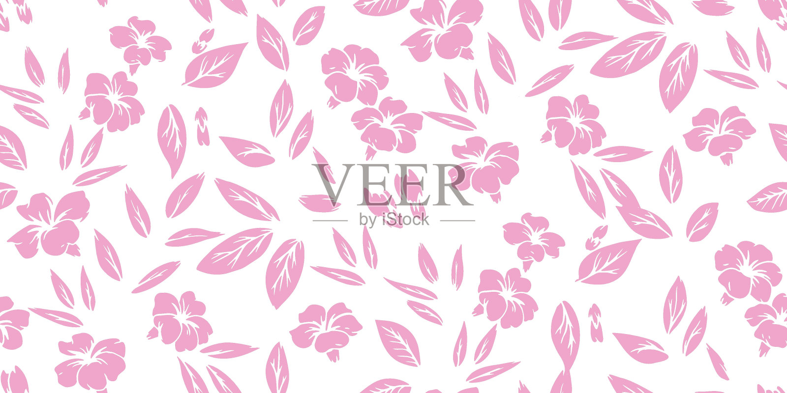白色背景上随机散落的粉色极简小花、叶子和微小花蕾无缝图案。抽象的纯色形状花卉印花。矢量手绘。纺织品自然纹样插画图片素材