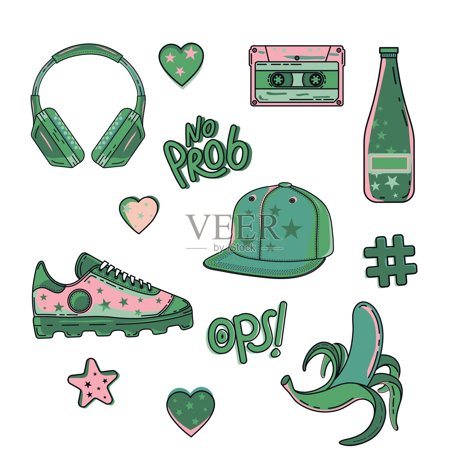 时髦的明亮贴纸套装。耳机，帽子，香蕉，水，复古磁带，运动鞋。贴纸为您的设计。矢量图插画图片素材