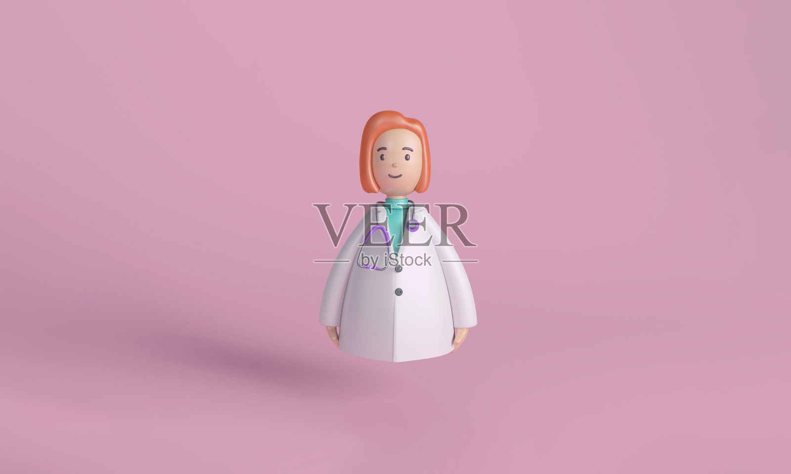 3D女医生角色与听诊器在粉红色的背景照片摄影图片