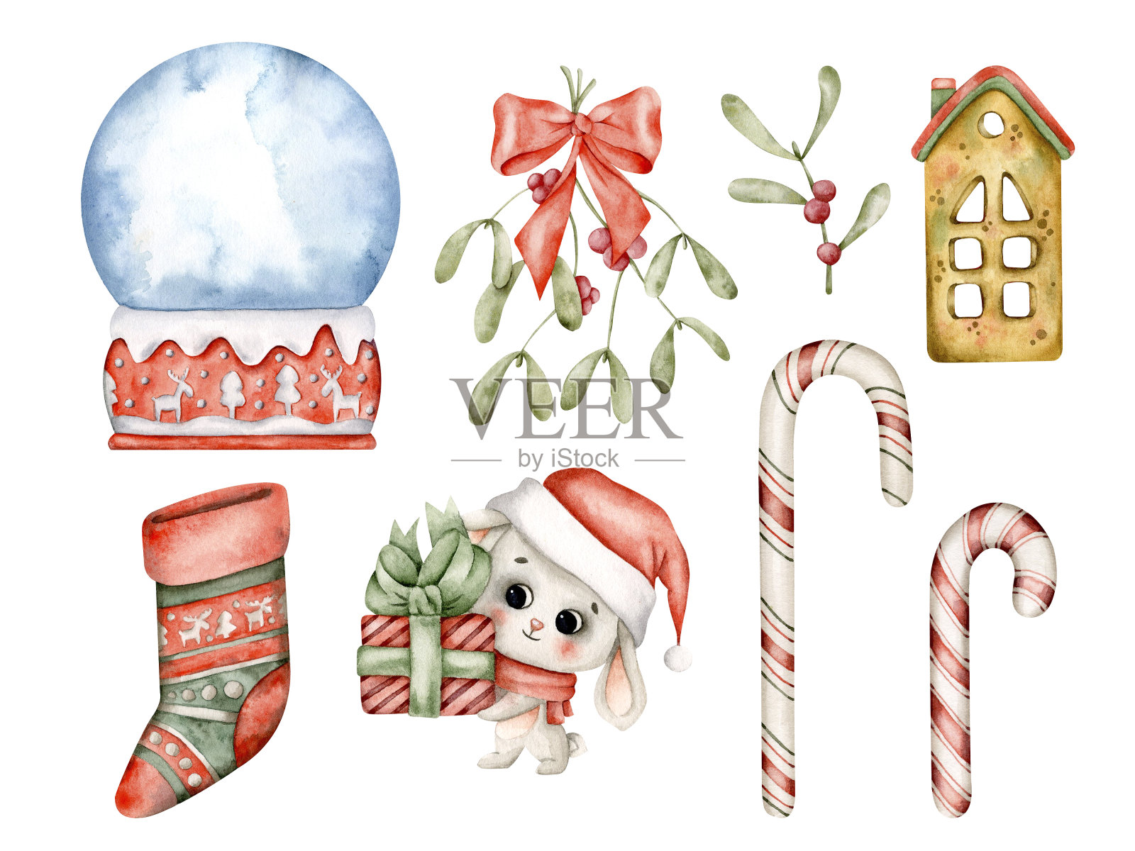 新年圣诞手绘水彩集可爱的小兔子在圣诞老人的帽子，雪地球仪，棕色烛台的房子，红色和绿色条纹袜子和糖果手杖。插画图片素材