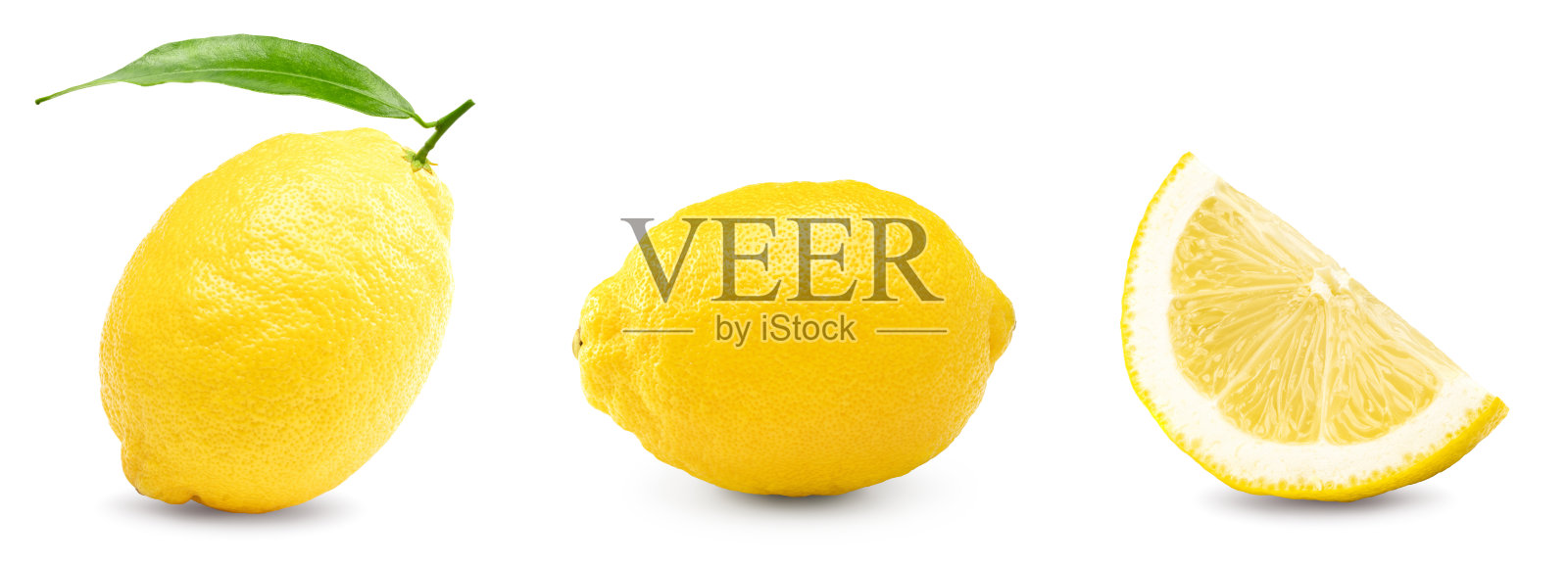 柠檬片和绿叶孤立在白色背景。剪切路径照片摄影图片