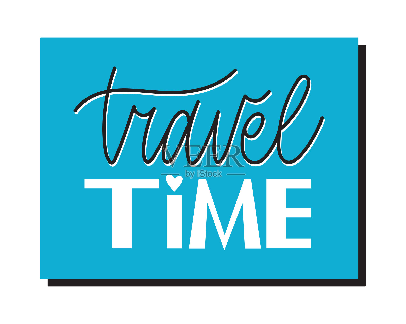 旅行时间矢量手写字母短语孤立的蓝色背景。插画图片素材