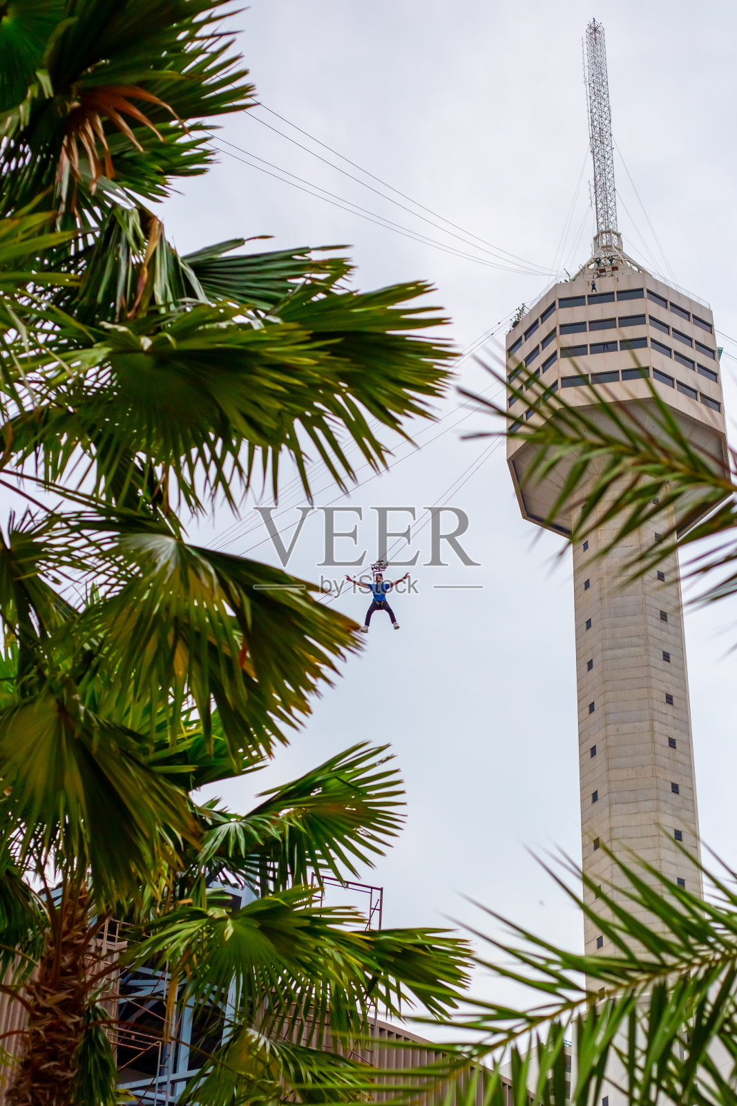 极限娱乐，从高处降下来，滑索。芭堤雅公园酒店位于泰国芭堤雅照片摄影图片