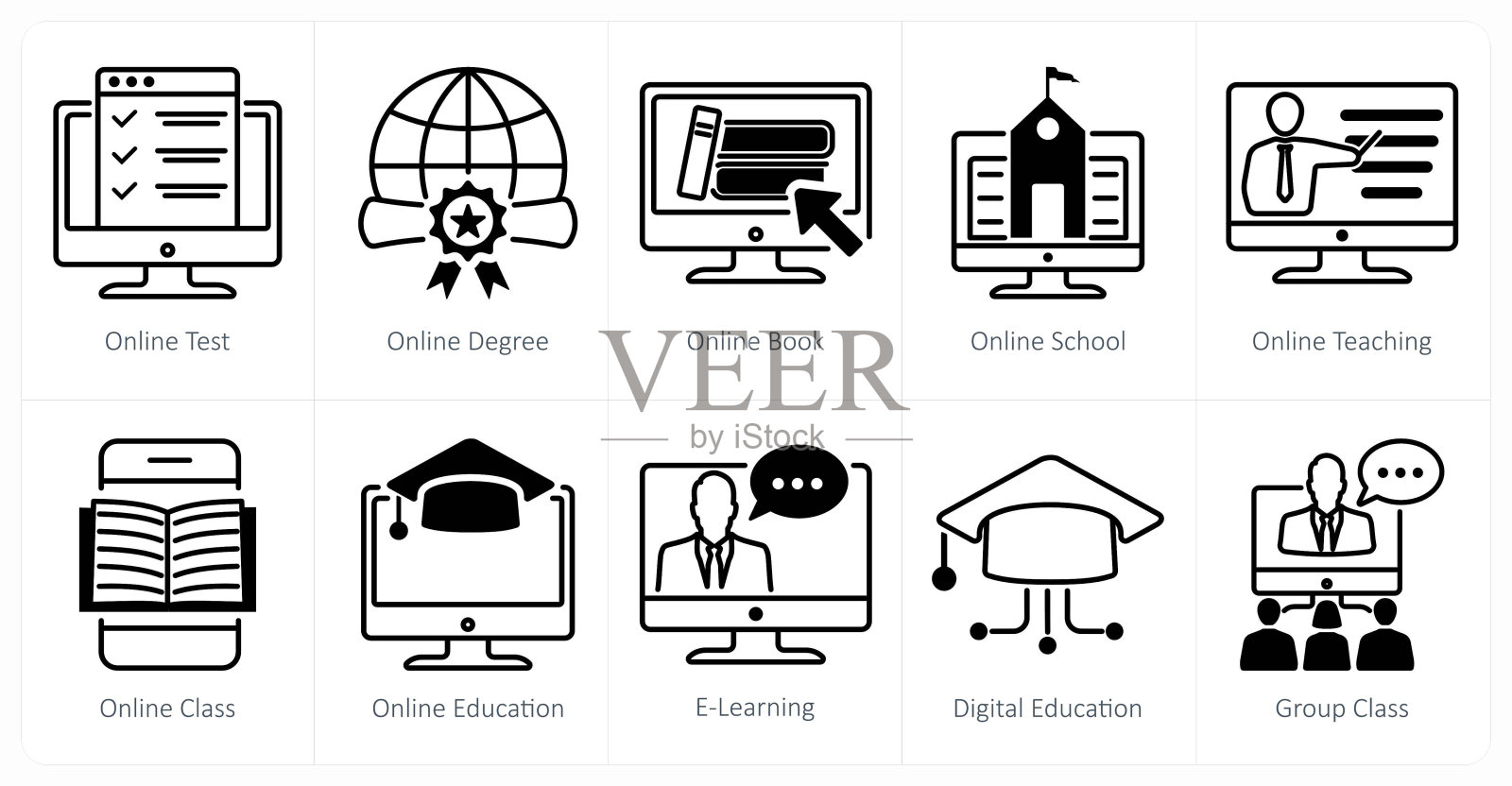 一套10个在线教育图标，如在线考试，在线学位，在线图书插画图片素材