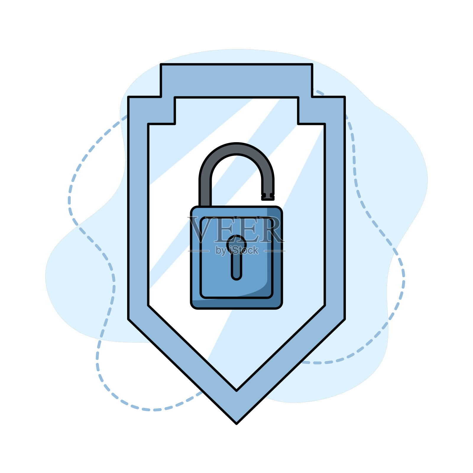 数据保护概念，主动锁安全，数据安全和网络安全，安全盾牌与挂锁矢量卡通插图。隔离优质矢量业务对象图标概念。插画图片素材