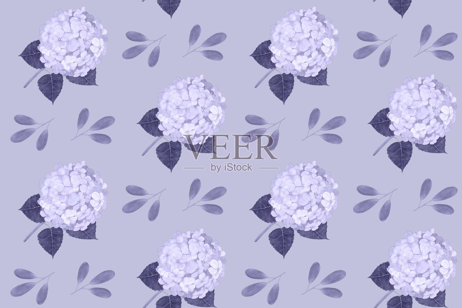 无缝图案与绣球花在蓝色色调插画图片素材