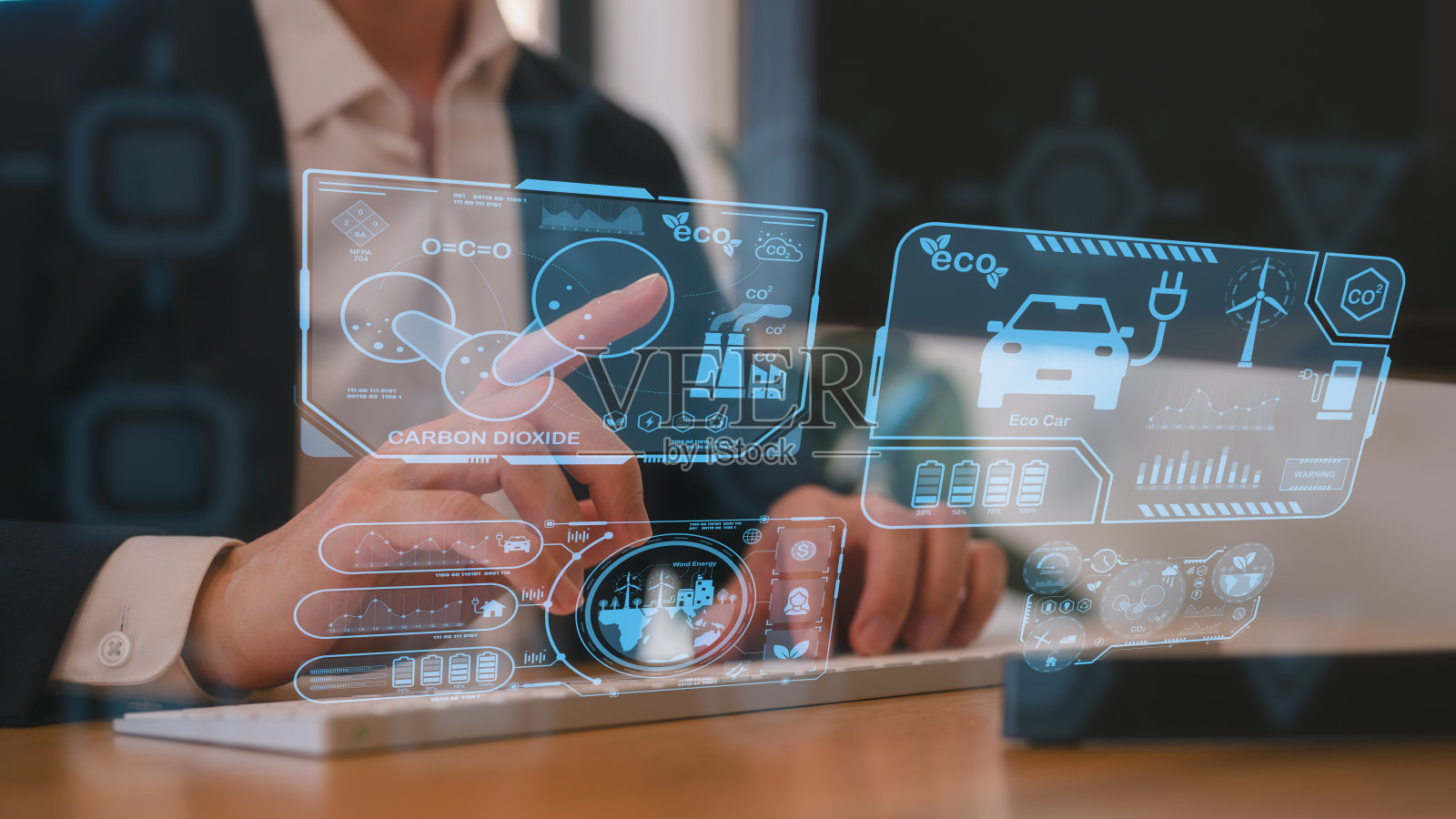 减少二氧化碳排放和碳足迹，限制全球变暖和气候变化。可持续发展和绿色商业，男士指着报告和显示二氧化碳排放图标的虚拟图表照片摄影图片