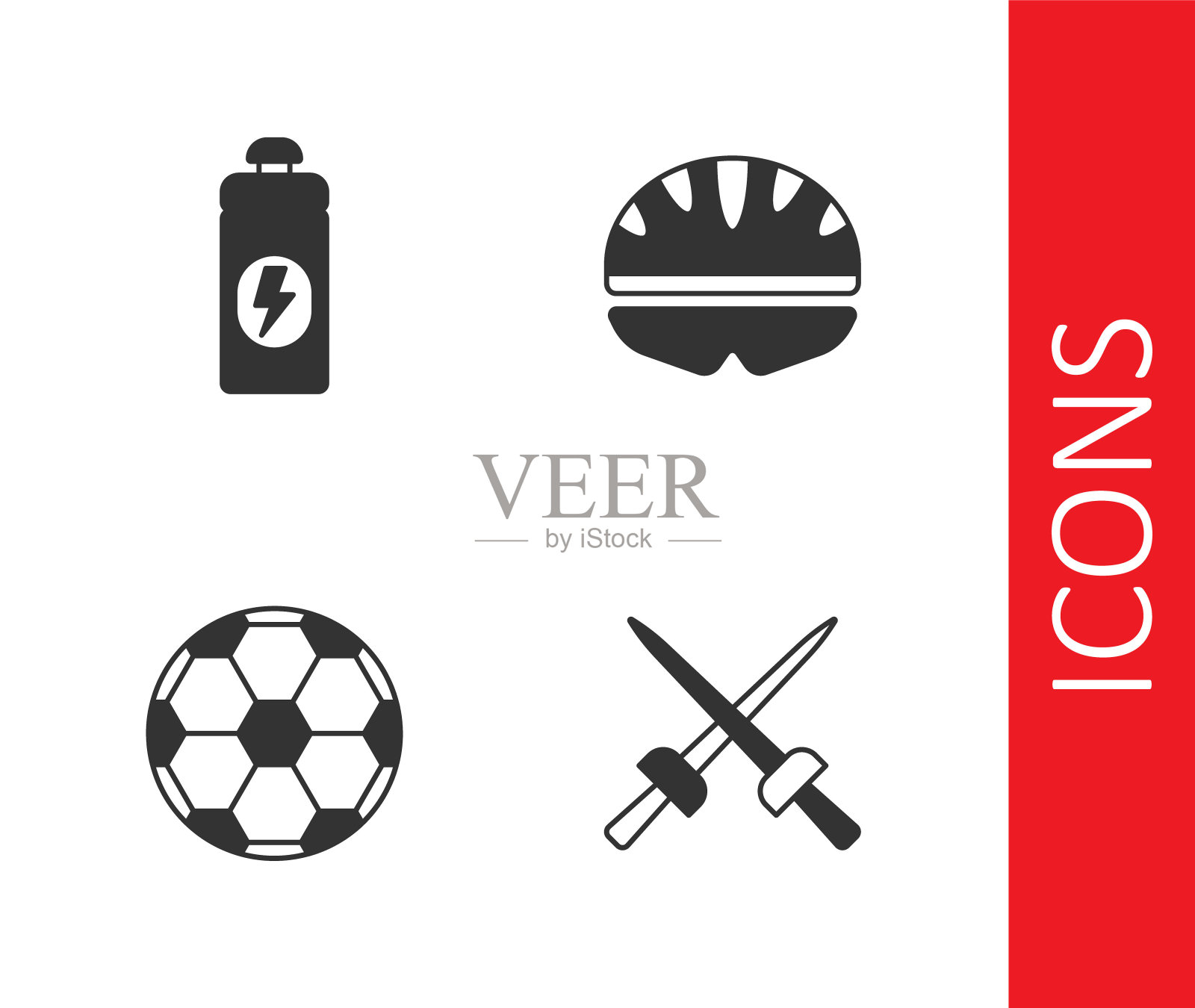 设置击剑，健身震动器，足球和自行车头盔图标。向量插画图片素材