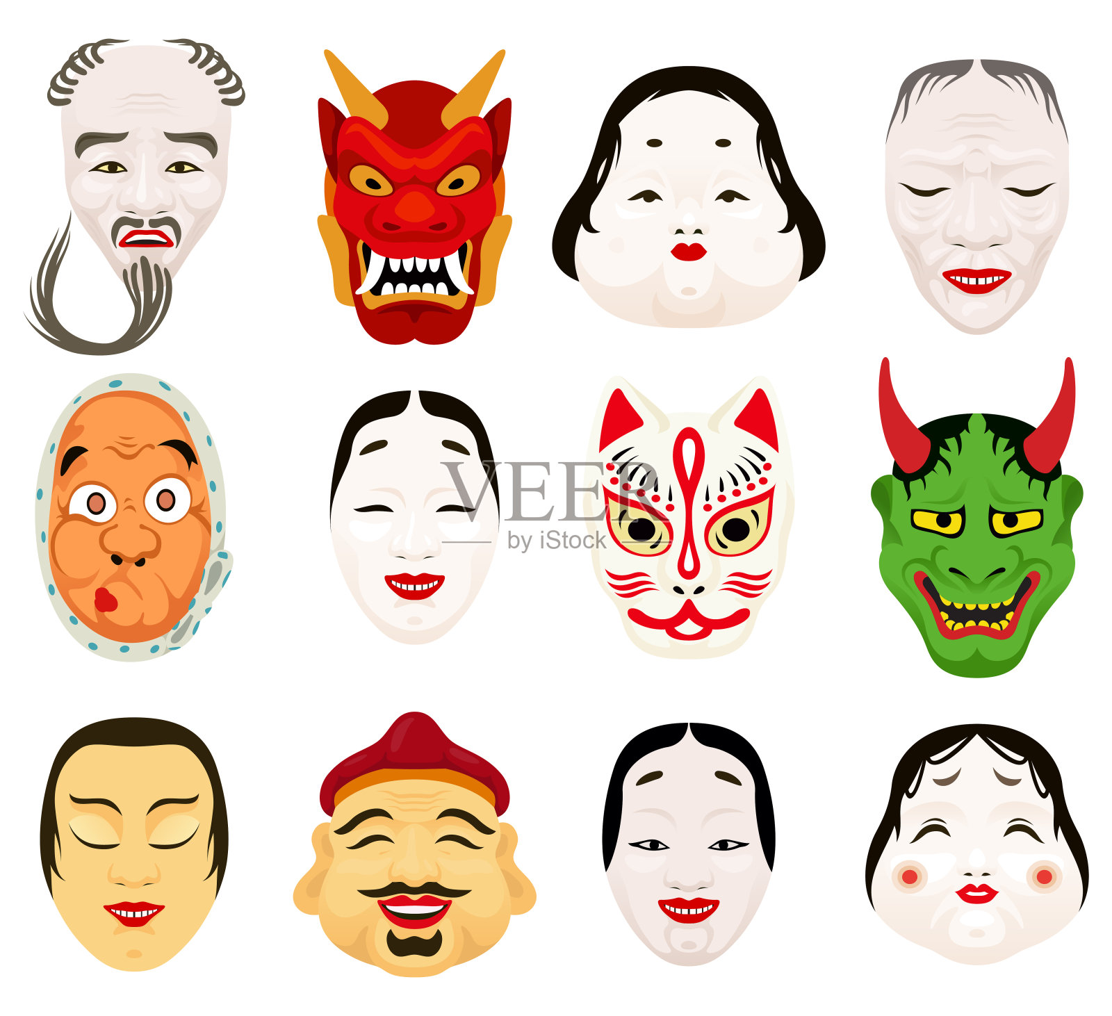 亚洲狂欢节面具日本歌舞伎剧院民族服装集矢量平面插图插画图片素材