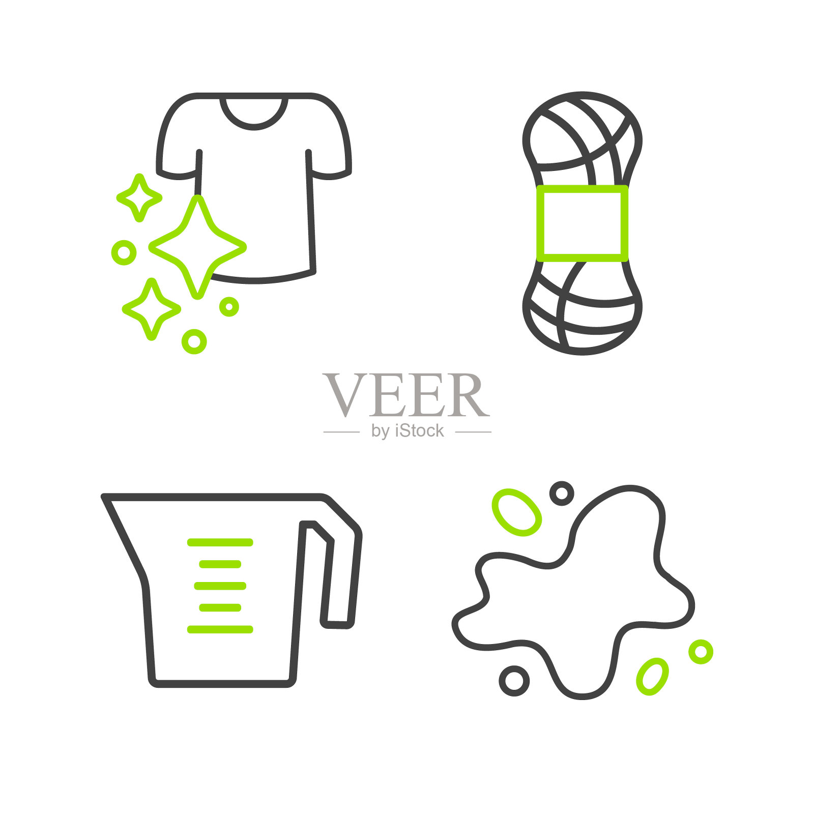 设置线水溢出，量杯，纱线和干衣图标。向量插画图片素材