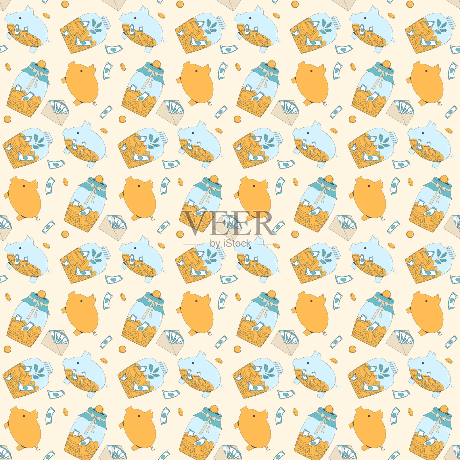 储蓄罐、信封和纸币的无缝图案，体现了储蓄和金融增长的主题。金钱可重复的背景。矢量轮廓插图。插画图片素材