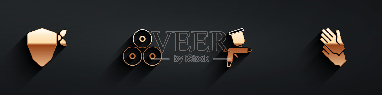 设置破坏者，喷漆罐，枪和橡胶手套图标长阴影。向量插画图片素材